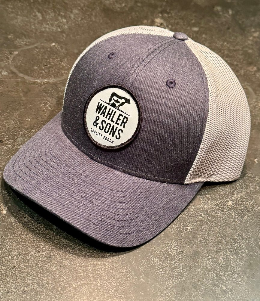 
            
                Load image into Gallery viewer, Wahler &amp;amp; Sons Trucker Patch Hat: Navy Heather/Light Grey
            
        